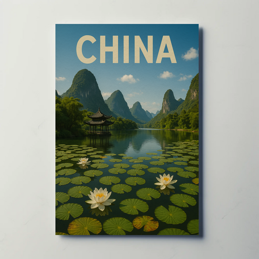 China Lotus Lake Mountains Pavilion Vintage Travel Poster