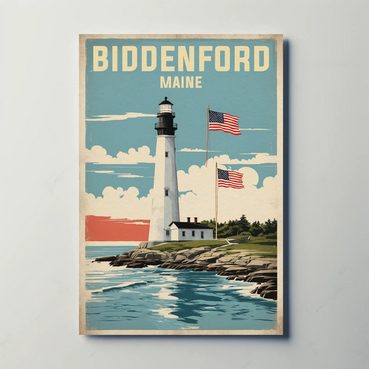 Biddeford Maine Seaside Lighthouse Vintage Travel Poster