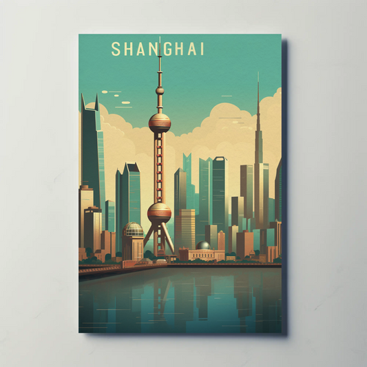 Shanghai China Futuristic Skyline Reflection Travel Poster