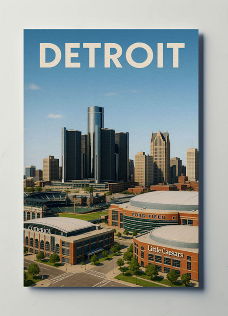 Detroit Skyline Stadium Landmarks Aerial Travel Poster