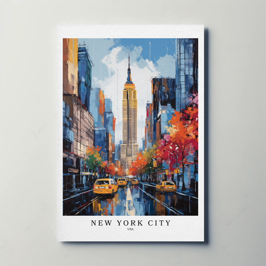 New York City Fall Taxis Empire State Building Travel Poster