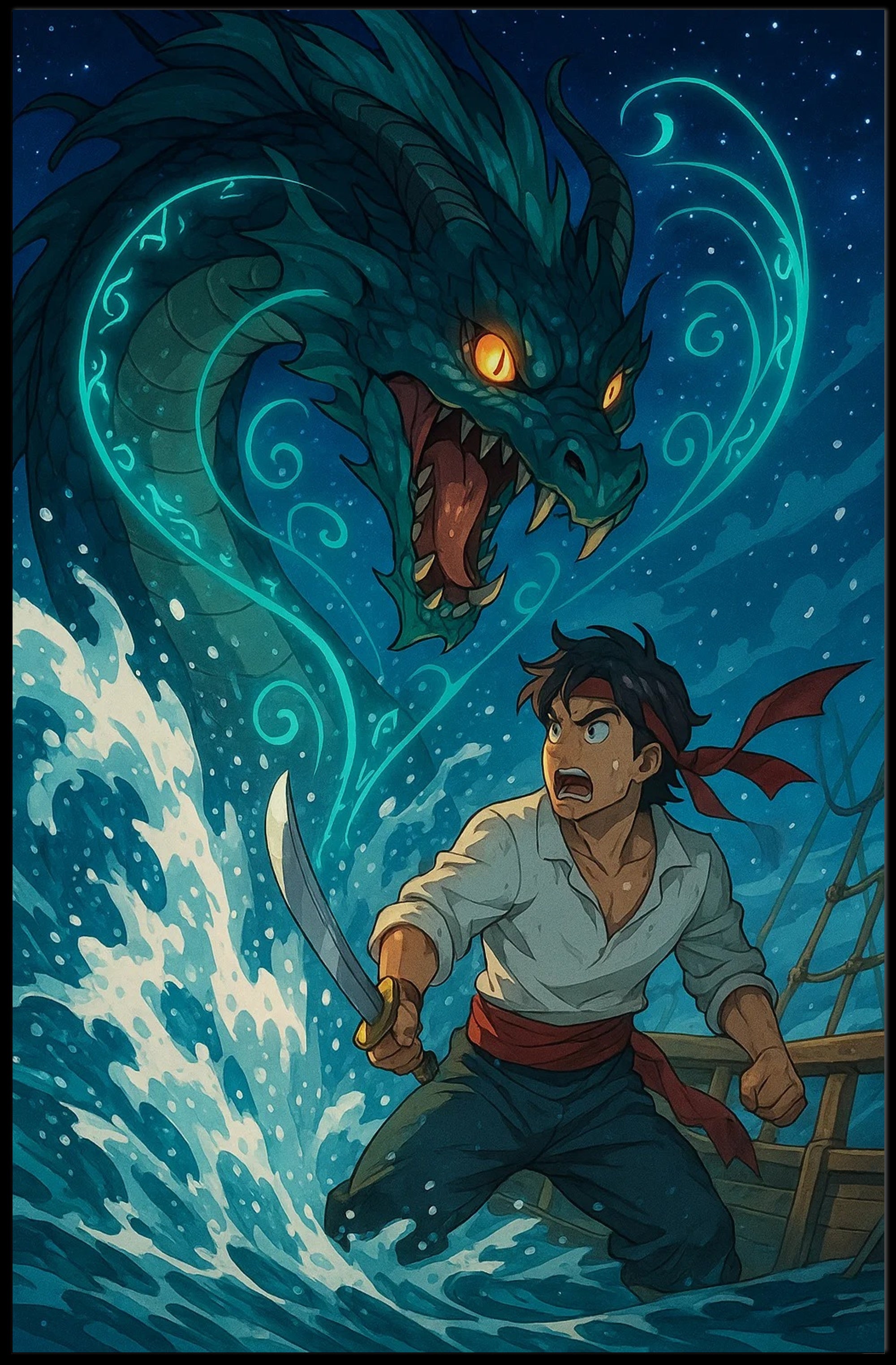 Young Adventurer Battles Sea Dragon - Fantasy or Mythology Poster