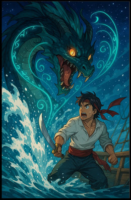 Young Adventurer Battles Sea Dragon - Fantasy or Mythology Poster