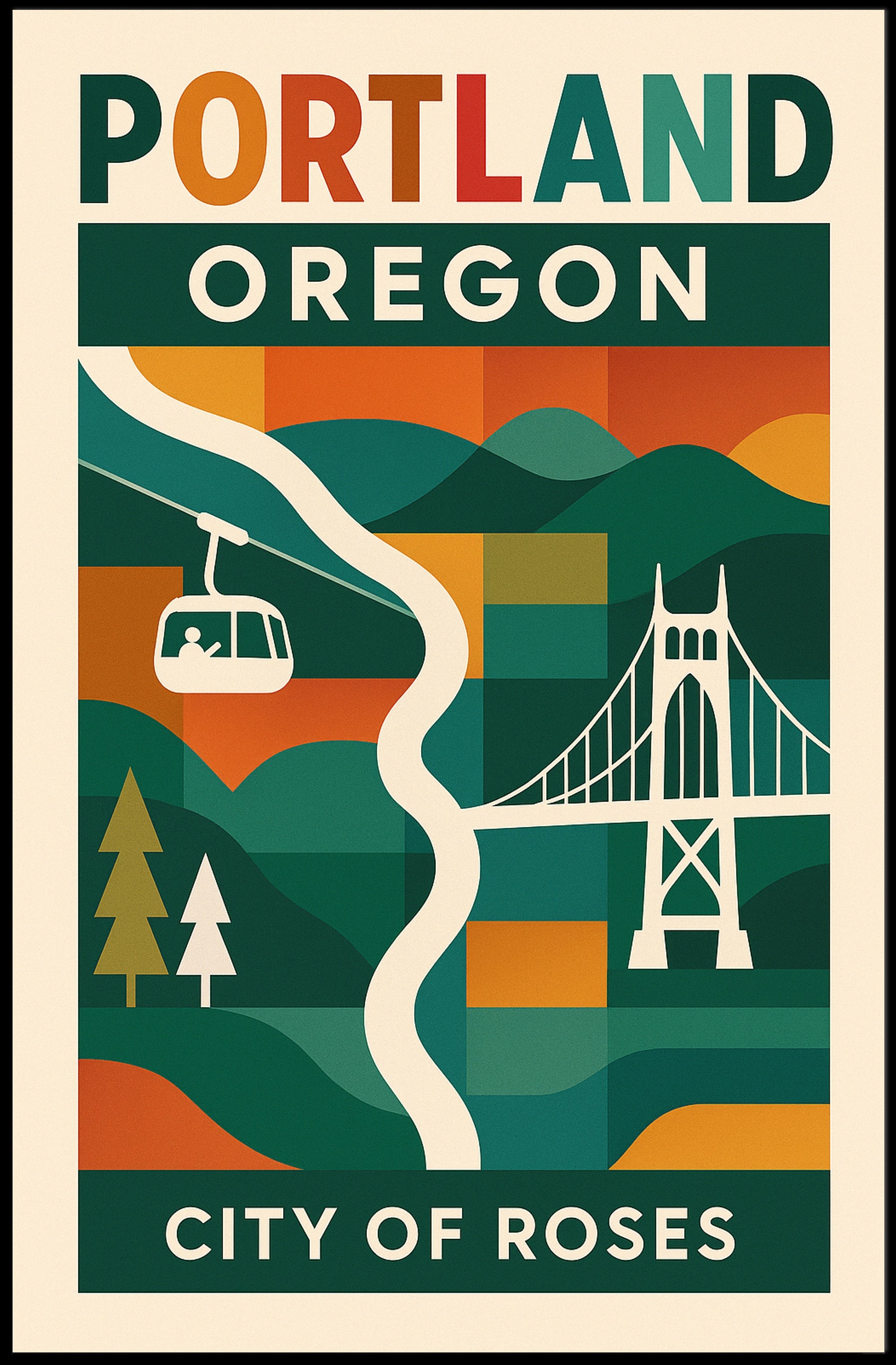 Portland Cityscape Vibrant Retro Travel Poster