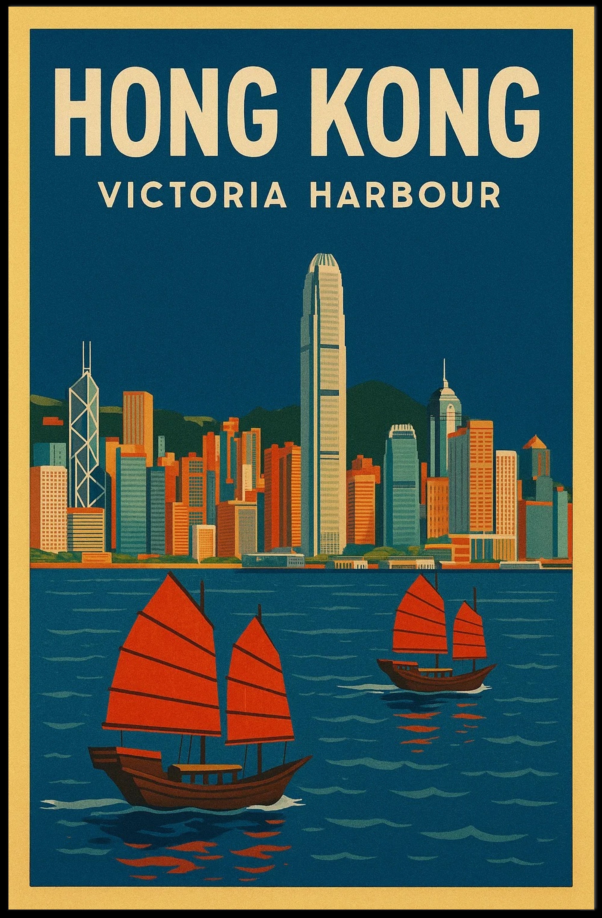 Panoramic View of Hong Kong Vintage Travel Poster