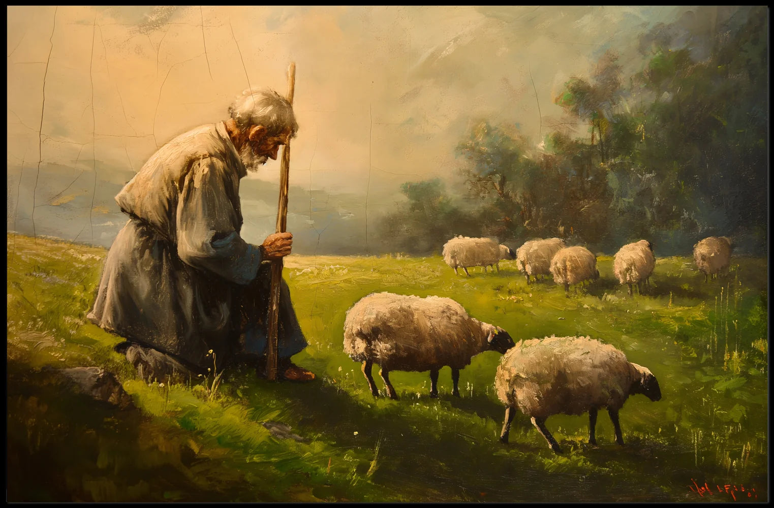 Pastoral Serenity: Shepherd and Sheep in Misty Meadow