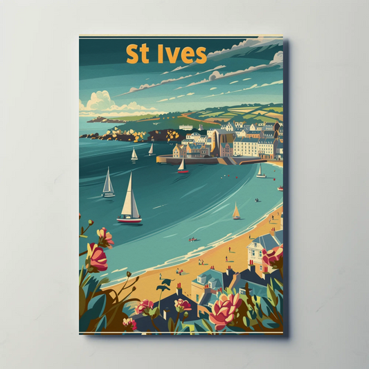 St Ives Cornwall Coastline Sailboats Flowers Travel Poster