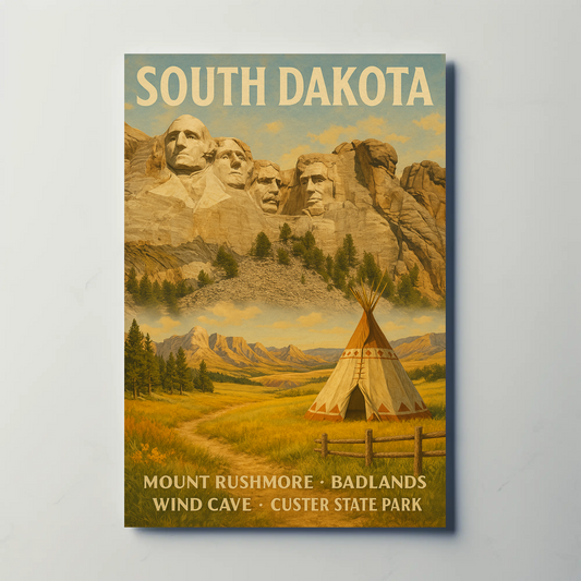 South Dakota Teepee Landscape Mount Rushmore Vintage Travel Poster