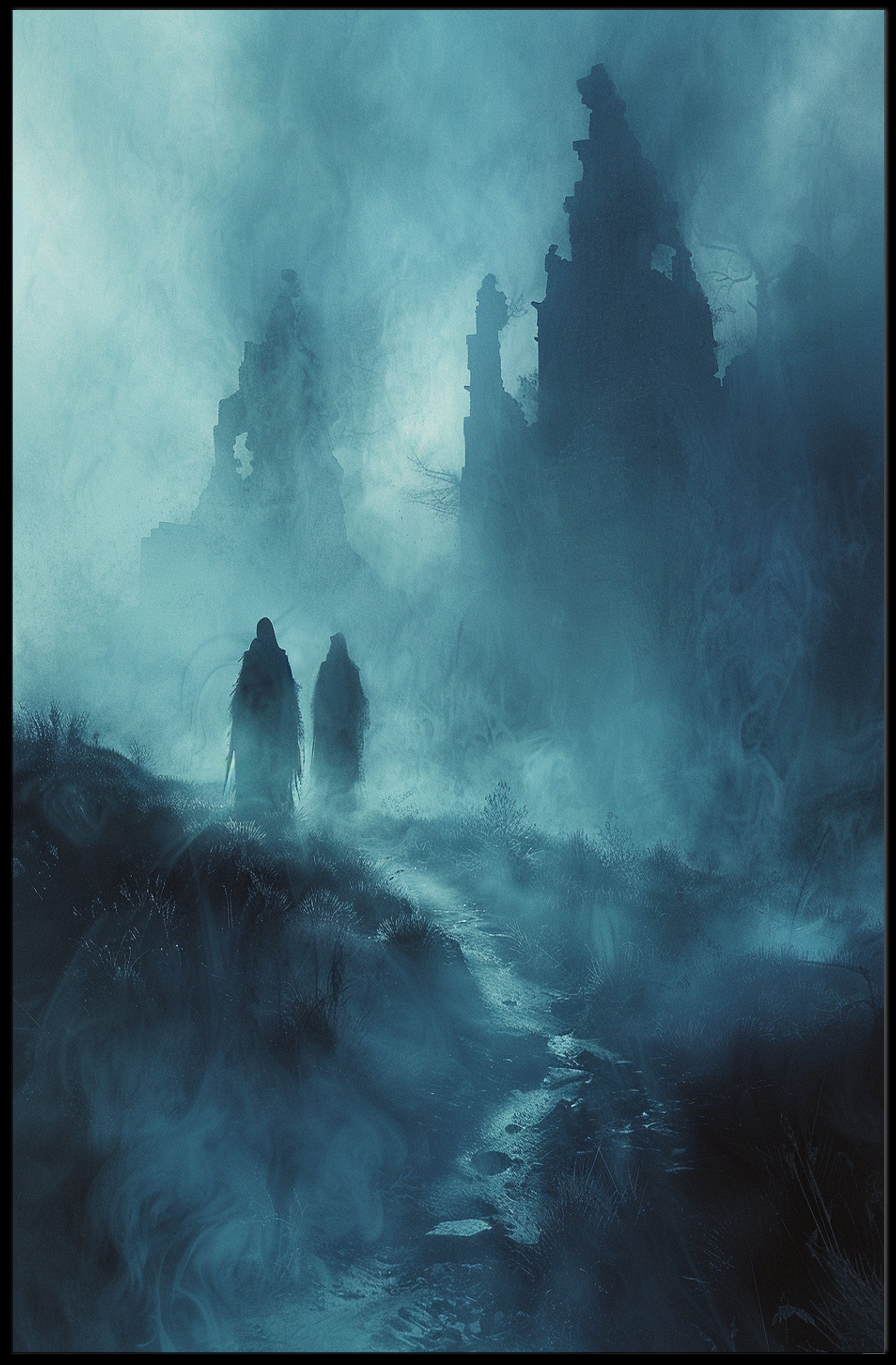Eerie Misty Landscape with Shadowy Figures Fantasy Poster PosterGoat