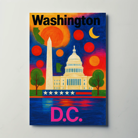 Washington DC Capitol Monument Patriotic Night Vintage Travel Poster