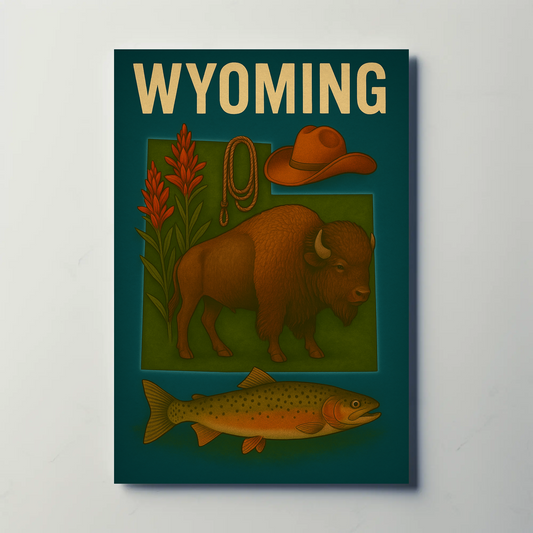 Wyoming Bison Fish Rope Hat Nature Vintage Travel Poster