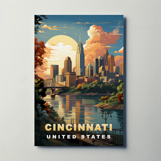 Cincinnati Riverfront Skyline Glow Vintage Travel Poster