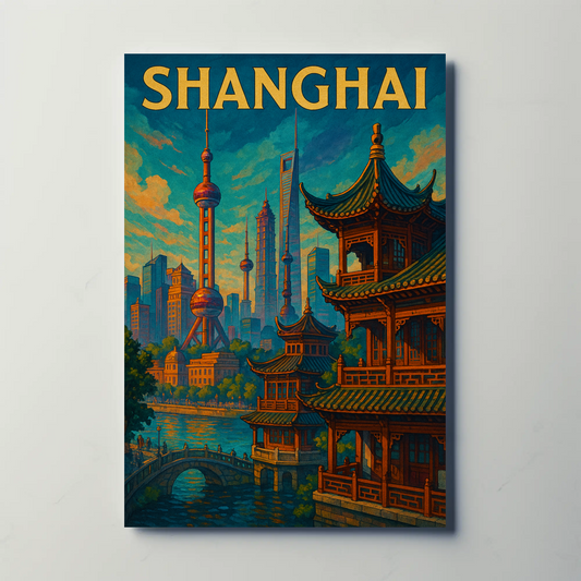Shanghai Skyline River Pagoda Travel Poster
