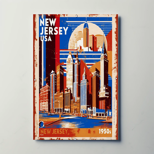New Jersey USA 1950s Waterfront Skyline Vintage Travel Poster