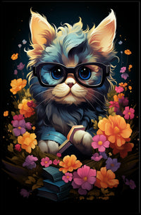 Whimsical Cat Poster: Glasses, Flowers, Books, Fantasy