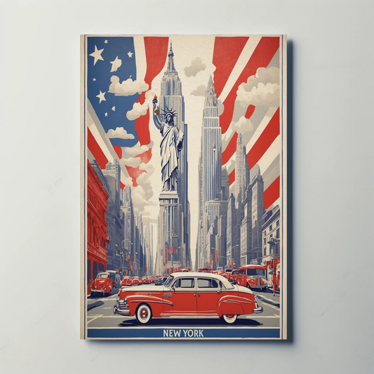 New York Statue Liberty Skyline Vintage Travel Poster