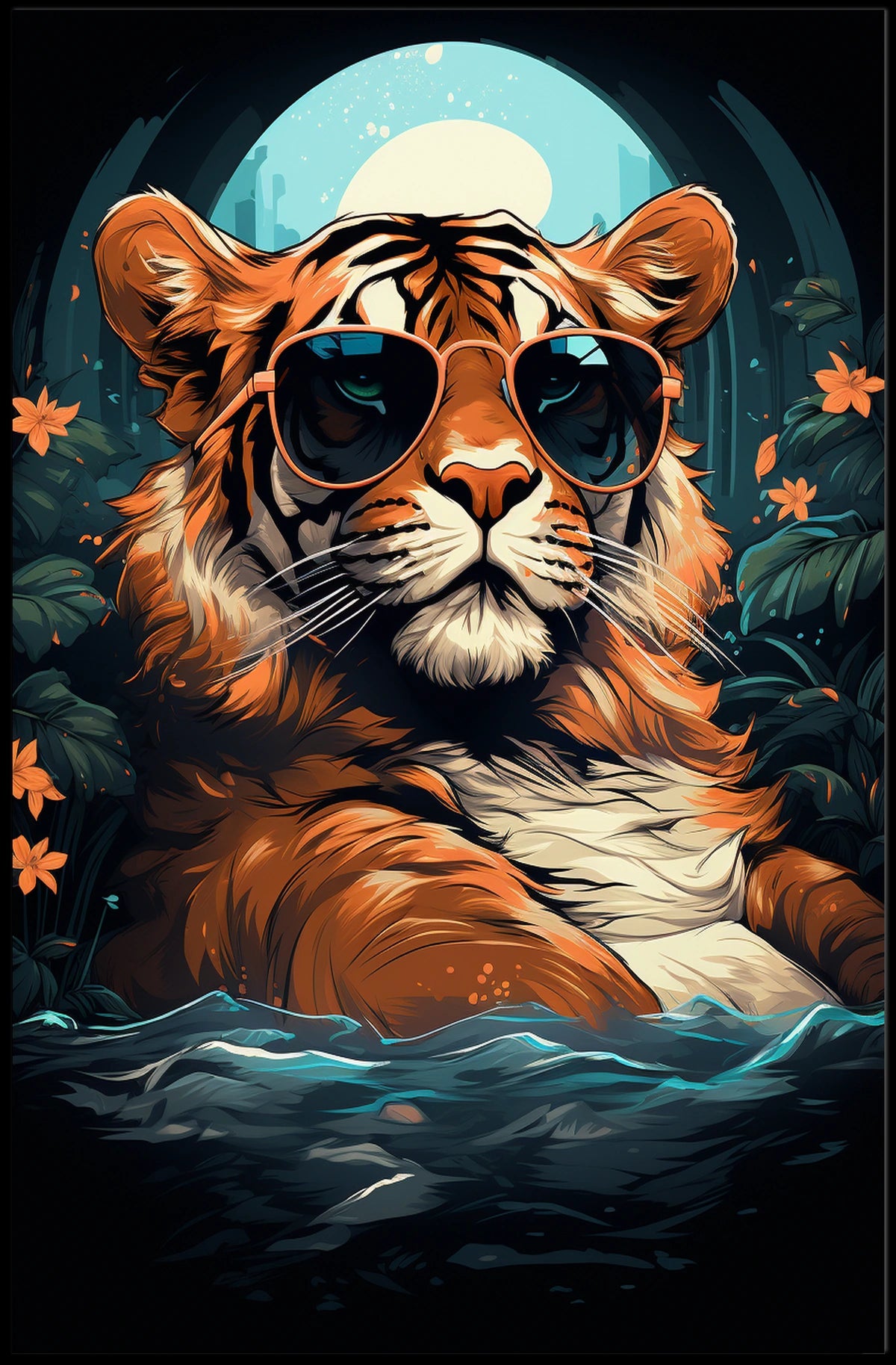 Tiger in Sunglasses Moonlit Jungle Animal Poster