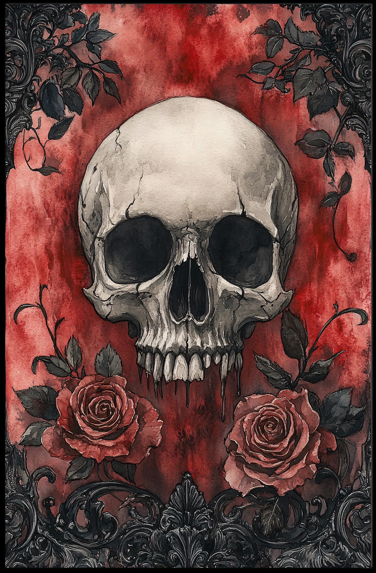 Skull and Roses Art Print Abstract Poster
