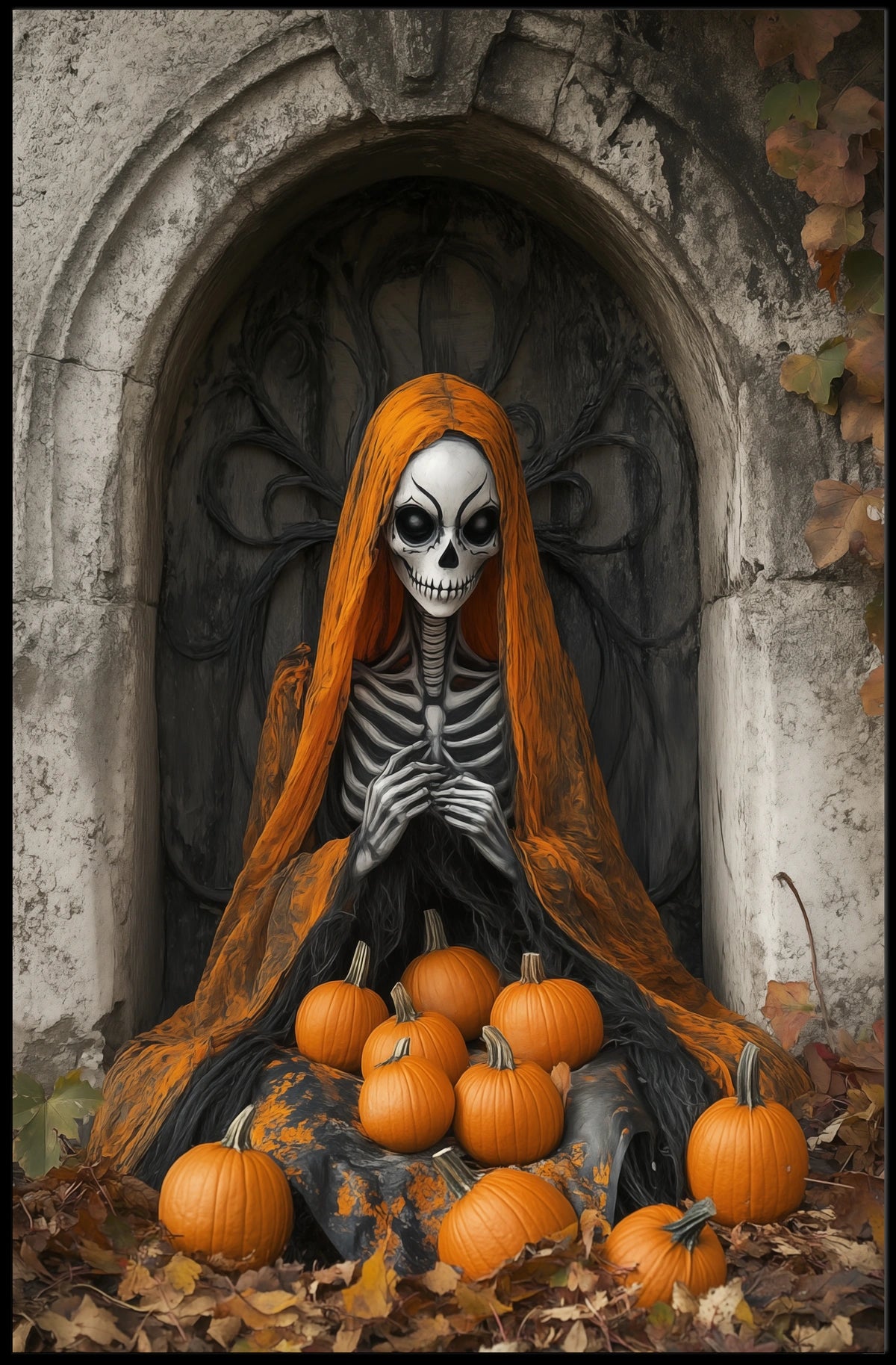 Skeleton Figure with Pumpkins Halloween Autumn Poster