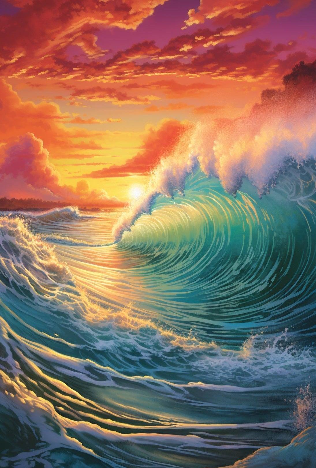 Vibrant Ocean Sunset Wave Artistic Poster