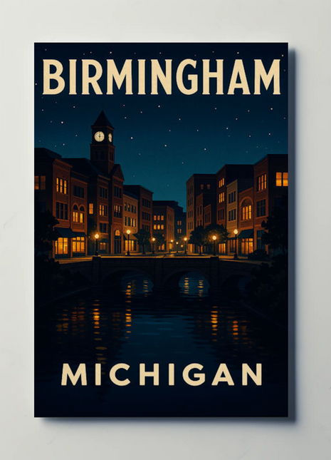 Birmingham Michigan Night City Lights Travel Poster