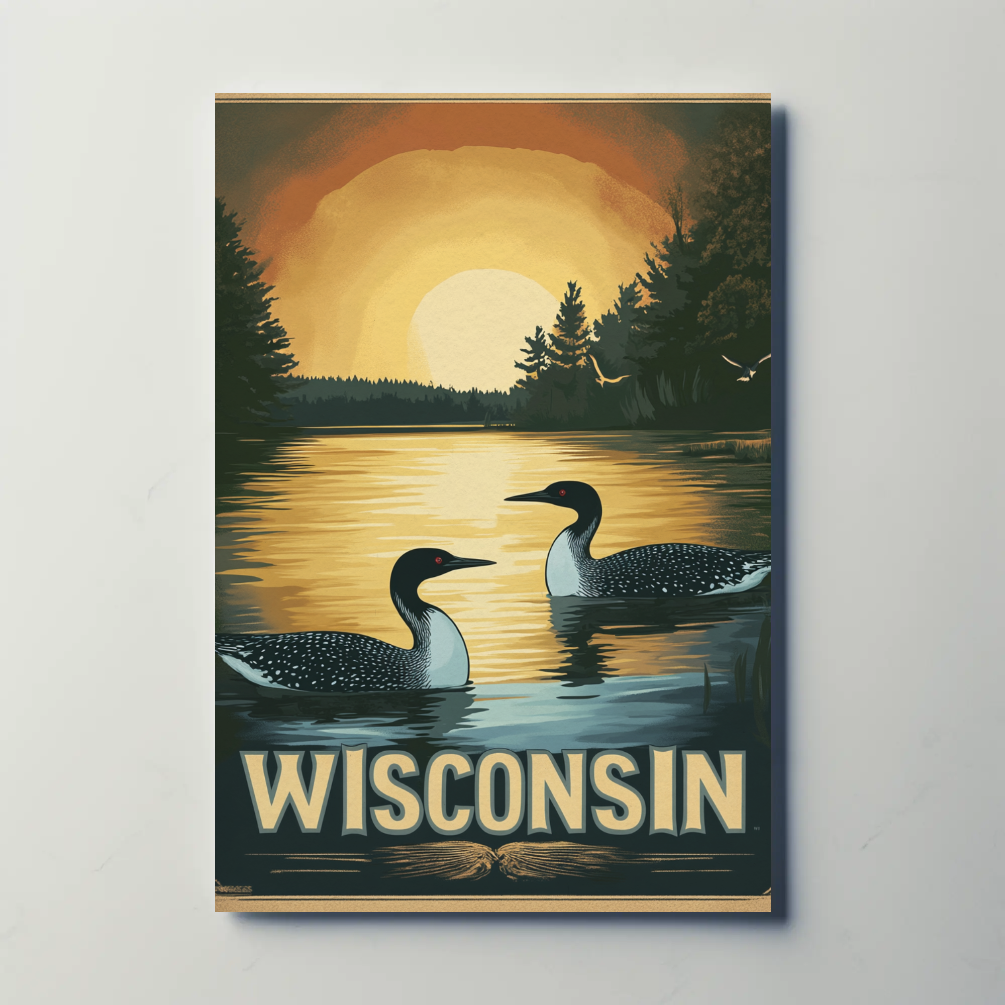 Wisconsin Vintage Poster Loons Sunset