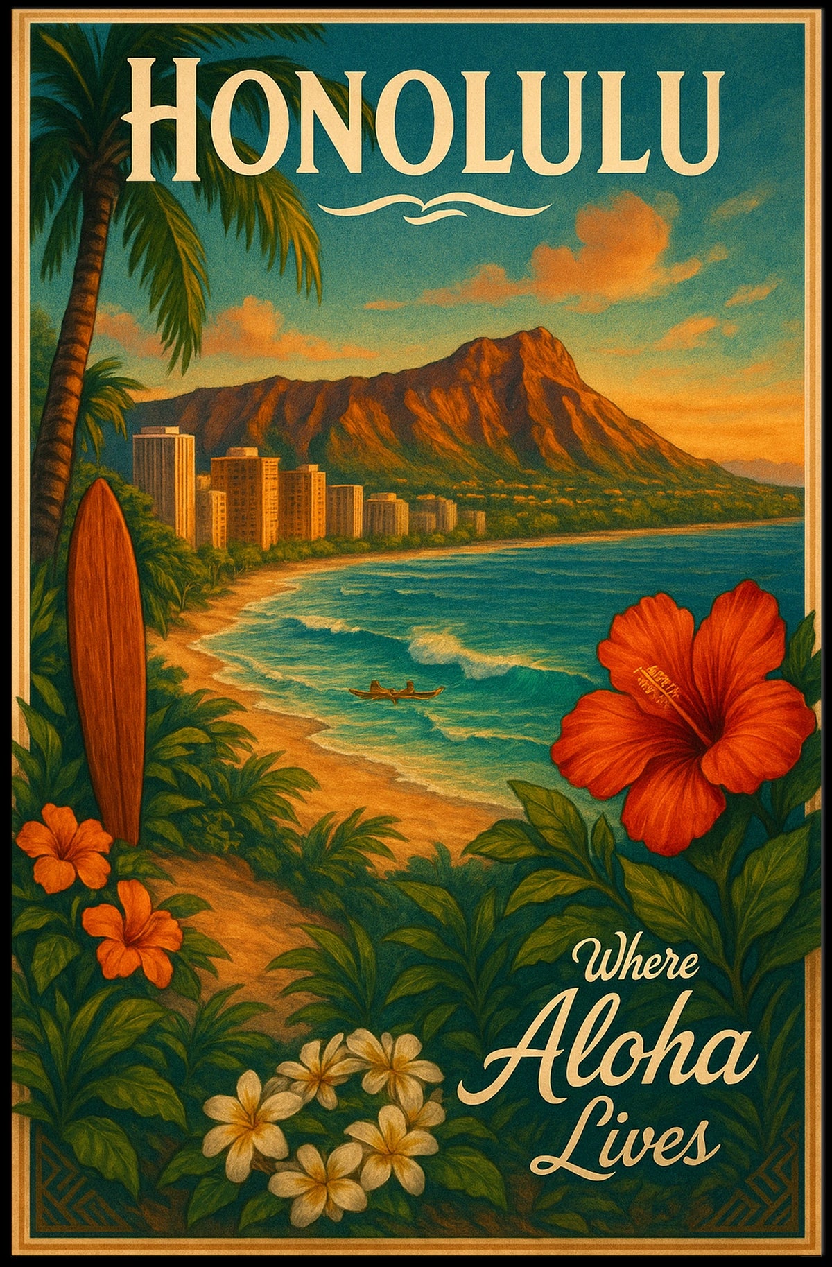 Honolulu Vintage Travel Poster Tropical Paradise Adventure