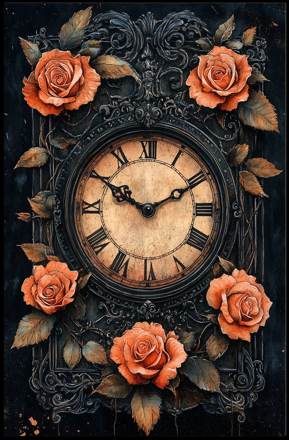 Vintage Clock with Roses Artistic Decor Poster