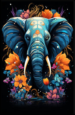Vibrant Elephant Art Poster with Floral Patterns
