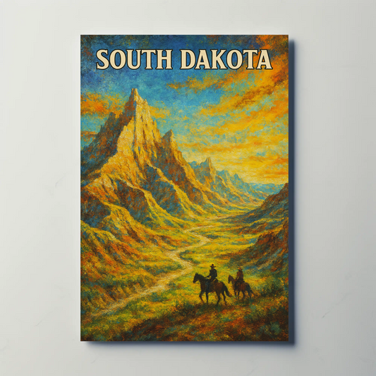 South Dakota Painted Cowboy Mountains Trail Vintage Travel Poster