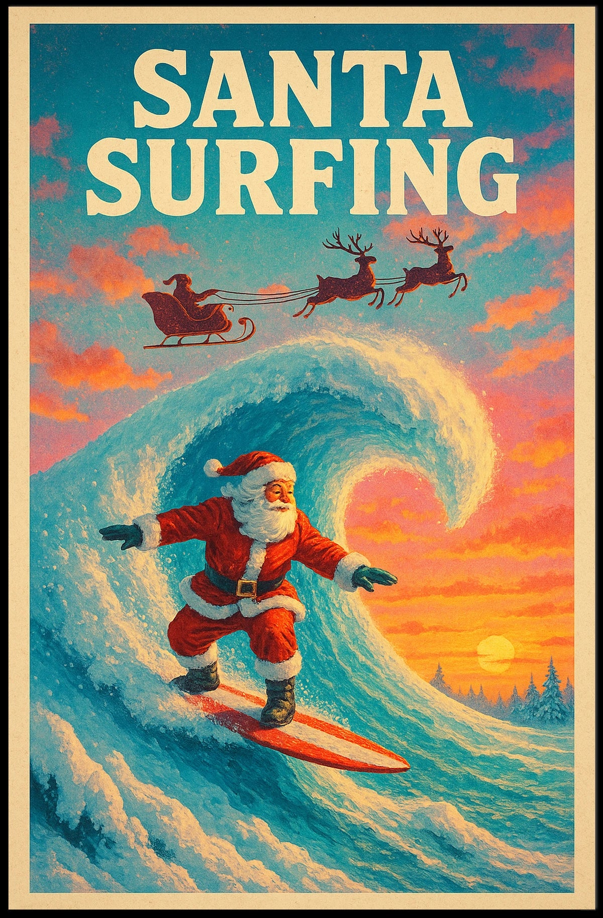 Santa Surfing Christmas Wave Vintage Poster Art