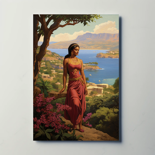 Mediterranean Woman Overlook Coastal Beauty Vintage Travel Poster