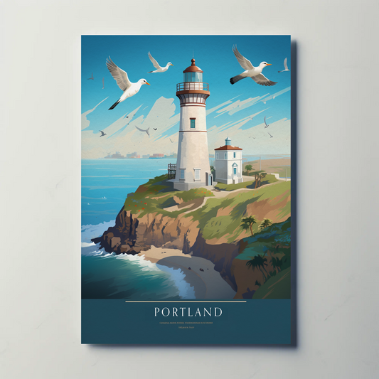Portland Coastal Lighthouse and Seagulls Travel Poster