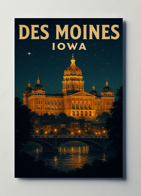 Des Moines Iowa Capitol Night Lights Travel Poster