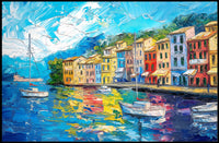 Mediterranean Coastal Town Vibrant Harbor Scene Poster
