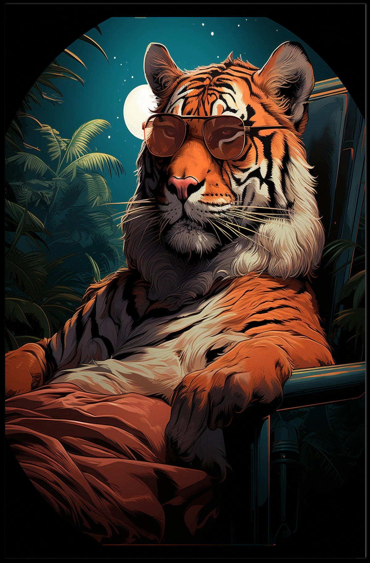 Stylized Tiger in Jungle with Moonlit Sky Animal Poster