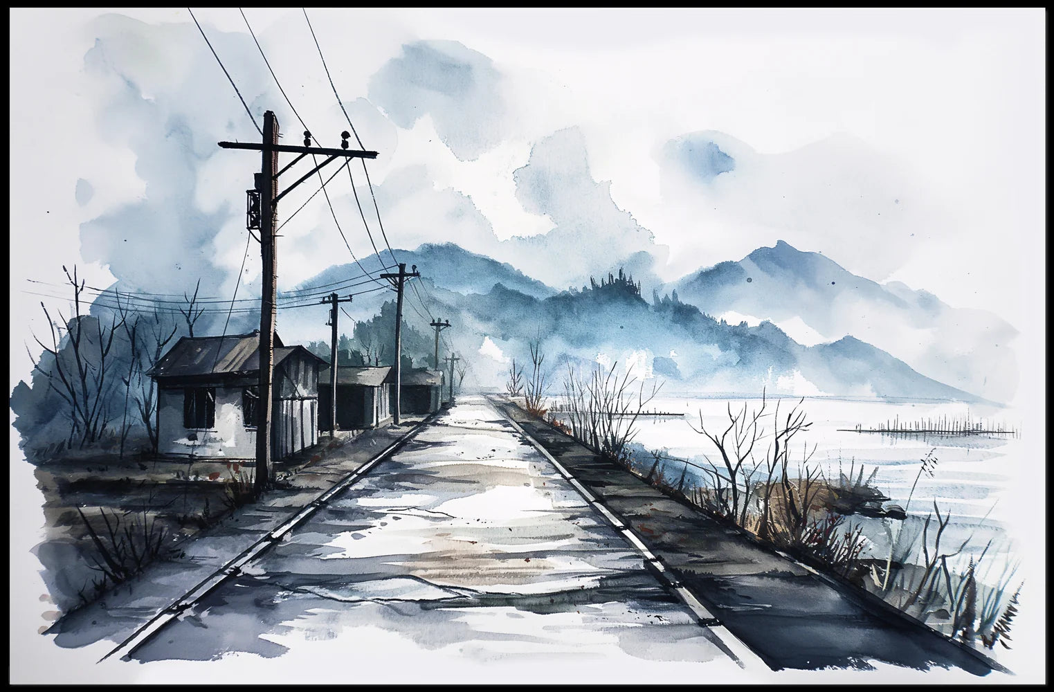 Serene Watercolor Rural Landscape with Misty Mountains