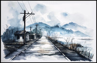 Serene Watercolor Rural Landscape with Misty Mountains