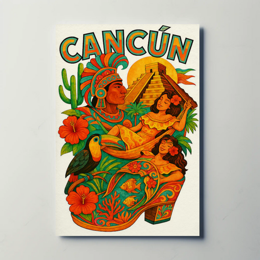 Colorful Cancun Mexico Ancient Culture Travel Poster