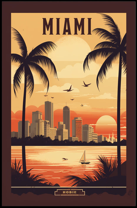 Miami Sunset Vintage Travel Scene Urban or Cityscape Poster