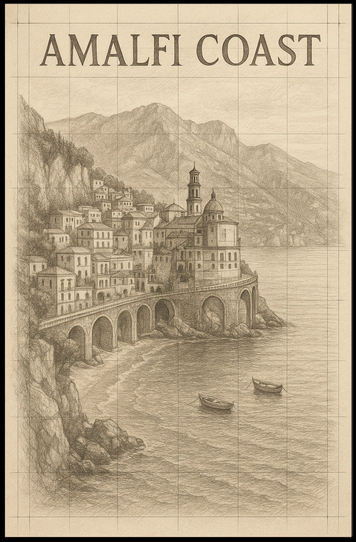 Amalfi Coast Illustration Poster Wall Art 18x24 Print
