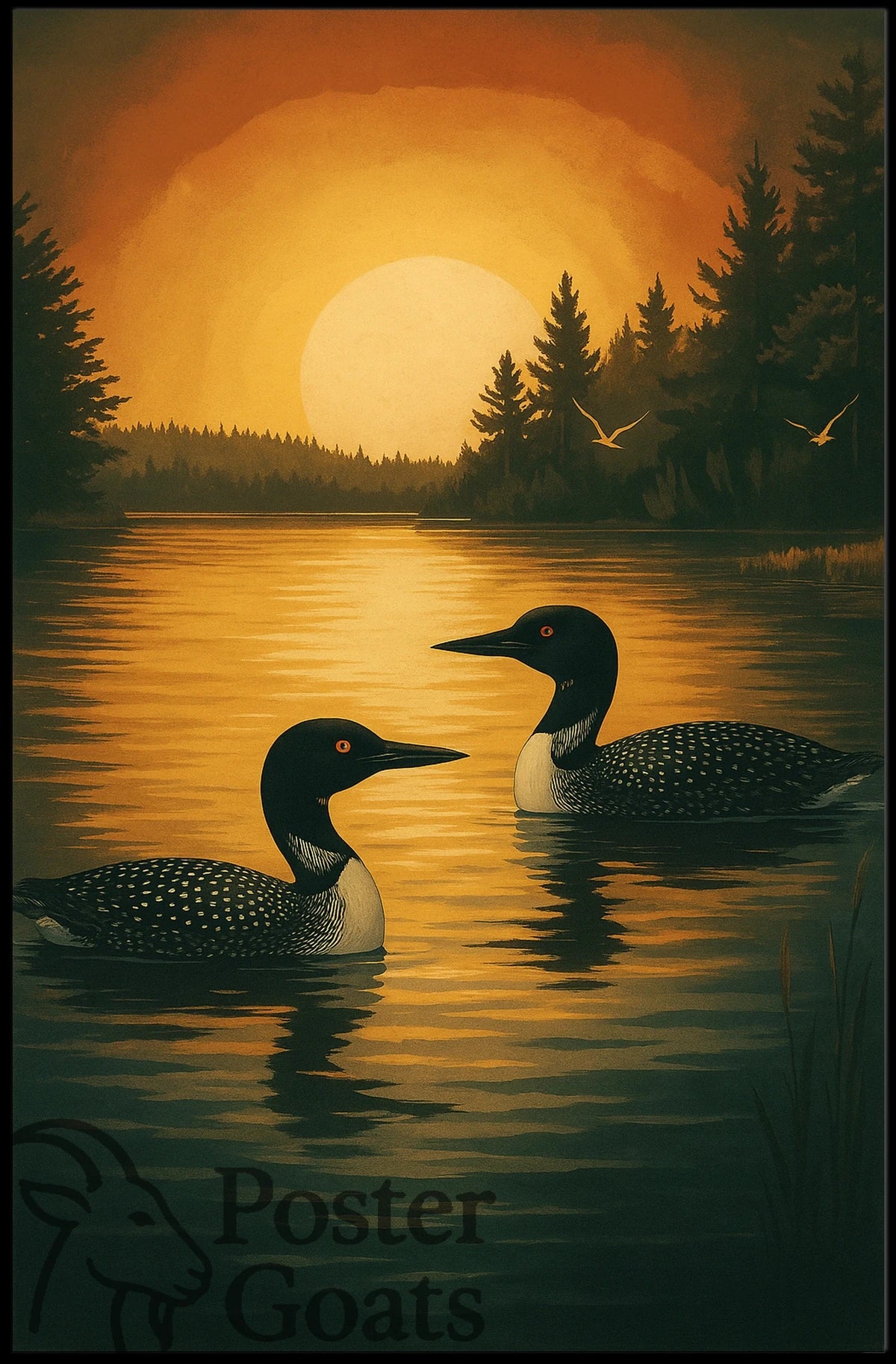 Serene Lake Scene with Loons and Sunset - Animal Poster