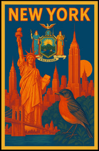 New York Poster Vintage Statue Skyline Bridge Wall Art