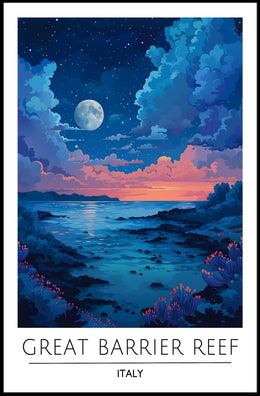 Dreamy Coastal Night Scene Under Full Moon - Artistic Poster