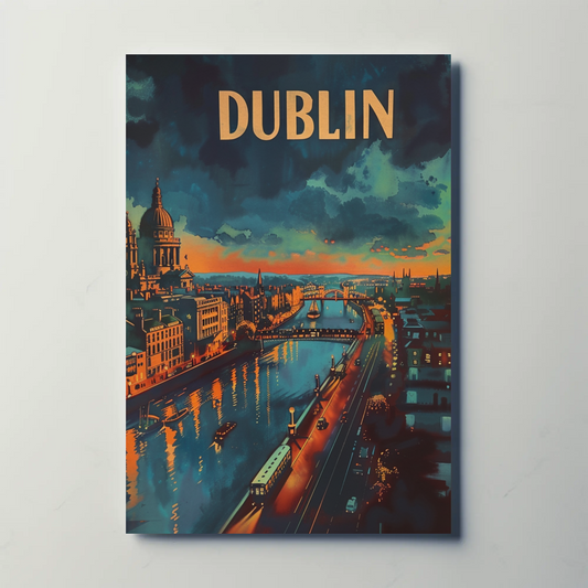 Dublin Ireland City Lights River Reflections Nightscape Travel Poster