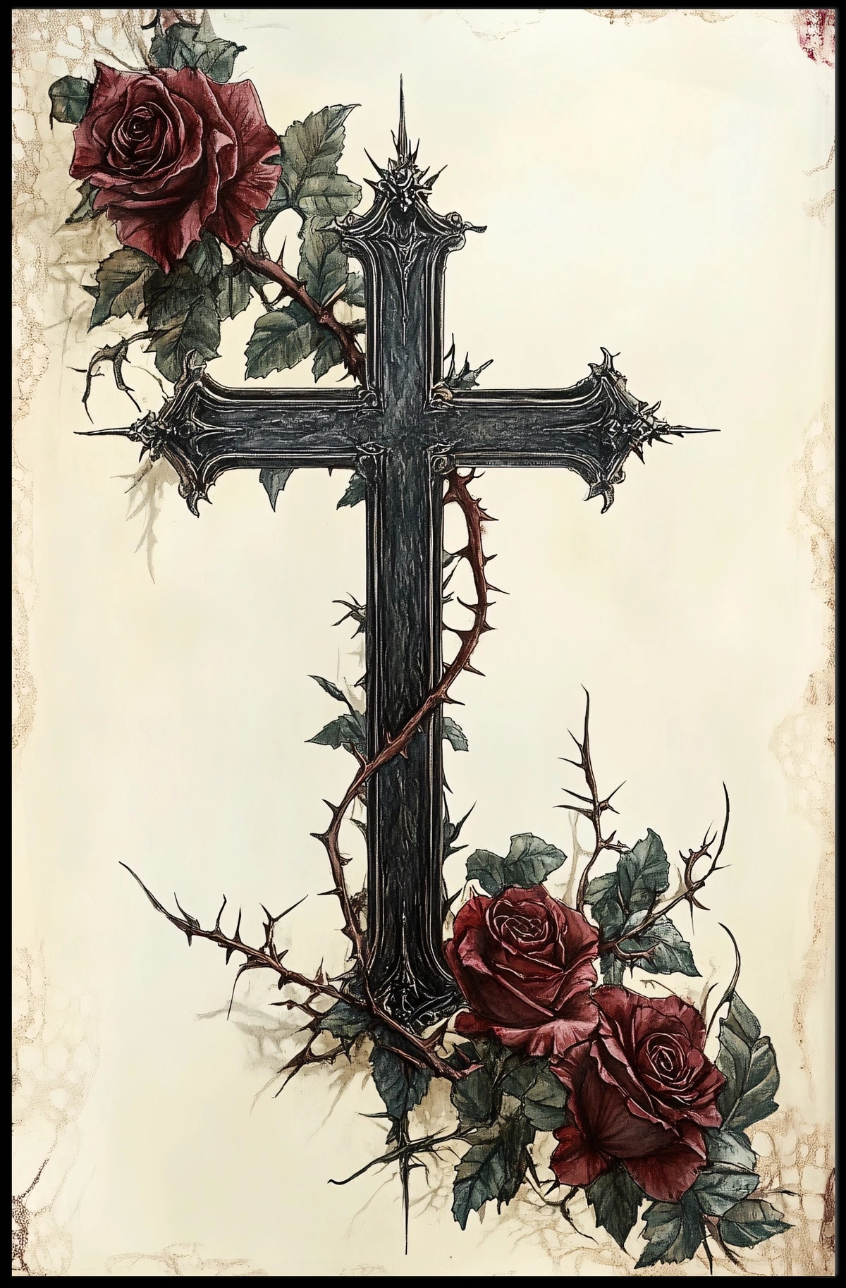 Gothic Cross with Roses Art Print Poster