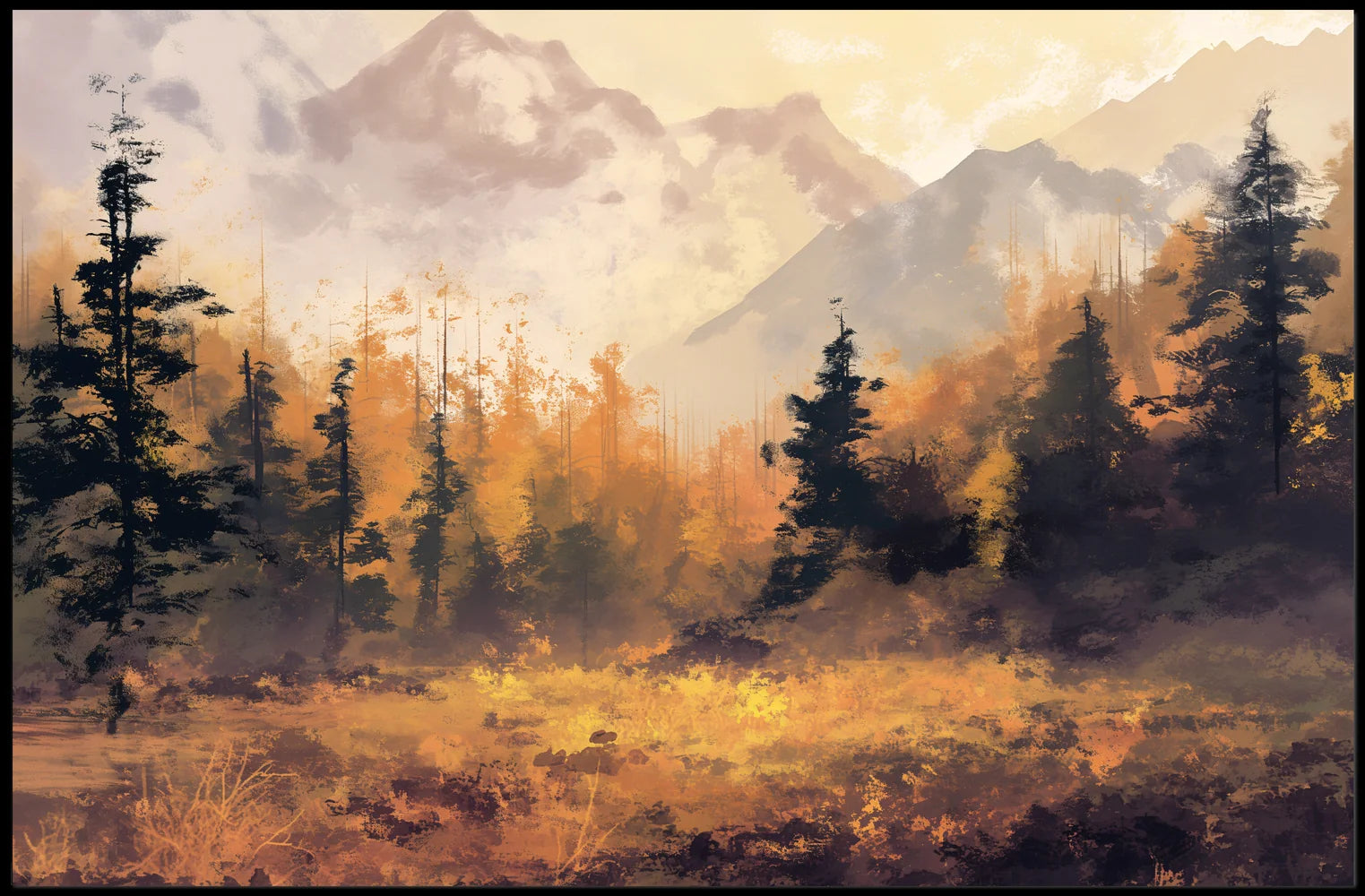 Autumn Tranquility: Impressionistic Forest and Mountains Poster