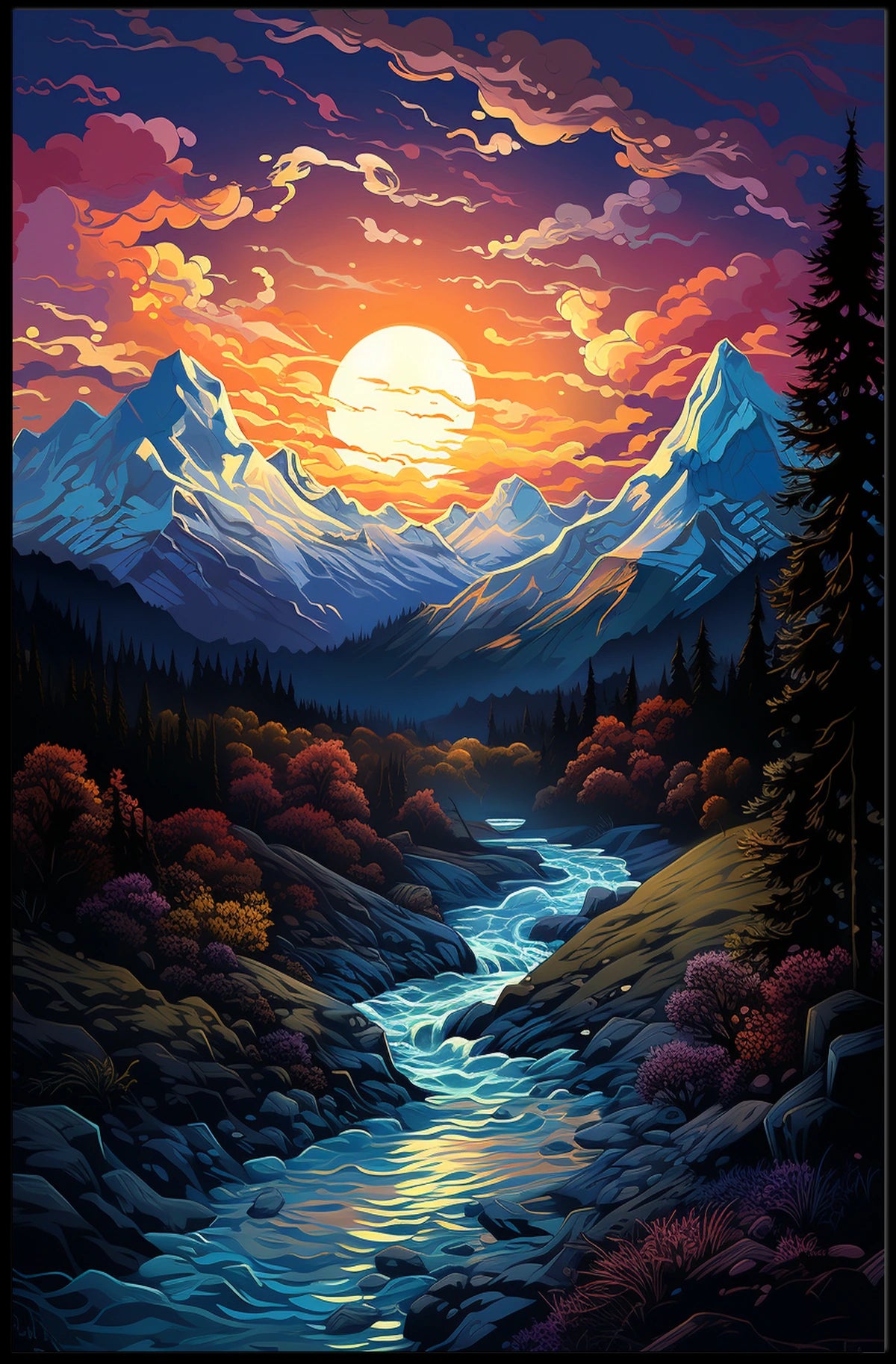 Majestic Mountain Sunset Fantasy Landscape Poster