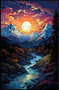 Majestic Mountain Sunset Fantasy Landscape Poster