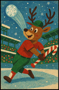 Whimsical Reindeer Baseball Holiday Poster Vintage Style